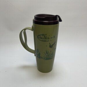 Tim Hortons Travel Mug Green Birds Wildlife Pattern Vintage Coffee Tea Cup
